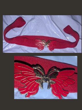 Vintage Stretch Elastic Belt Ornate Butterfly Clasp Red